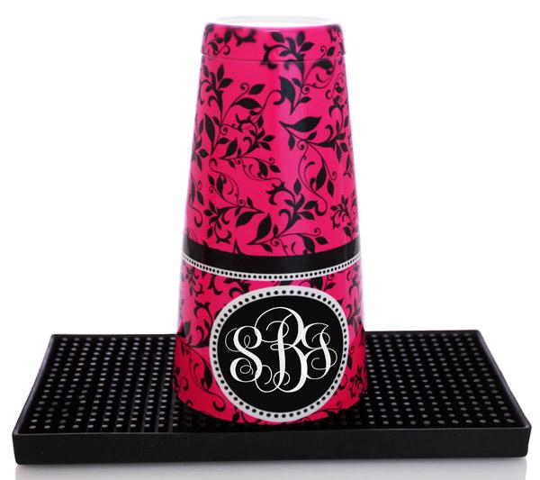 ADD YOUR NAME - Cocktail Shaker Tin - 28 oz weighted - Pink Swirls Monogram - Rim Facing Down