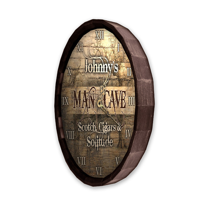 Custom Barrel Top “Man Cave, Scotch, Cigars, Solitude” Wall Clock