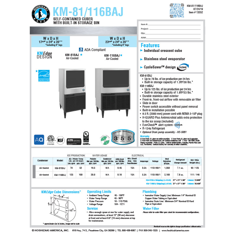Hoshizaki 78lbs. Crescent Cube - UnderCounter Air Cooled - Ice