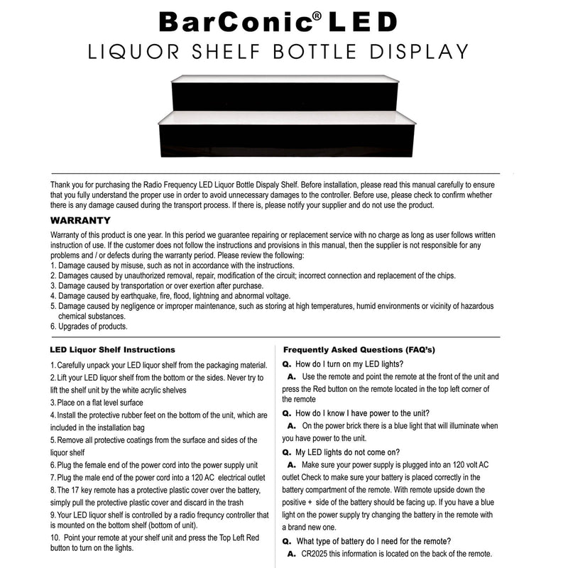 BarConic® Acrylic Bottle Shelf - 1 Step - Multi Colored Lights - Several Lengths