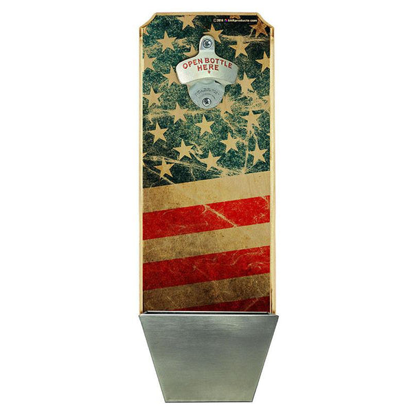 American Flag – Wall Mounted Wood Plaque Bottle Opener and Cap Catcher