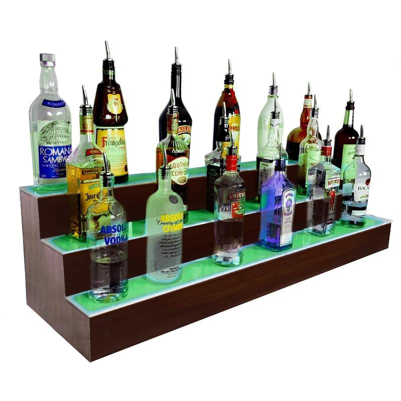 BarConic® LED Liquor Bottle Display Shelf - 3 Steps - Mahogany - Several Lengths