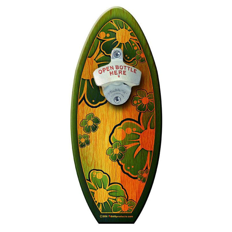 Green Hibiscus - Wooden Surfboard Wall Mounted Bottle Opener
