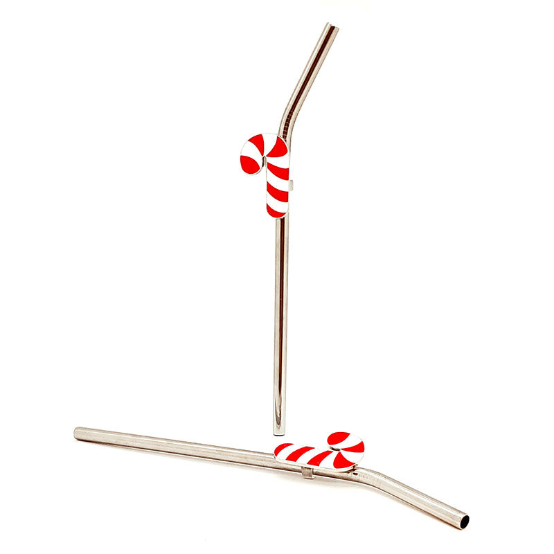 Candy Cane Pendant Straws w/ Brush - Stainless Steel - Set of 2
