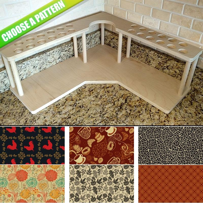 CHOOSE YOUR PATTERN - Counter Caddies™ - Corner Unit w/ K-Cup Holes and Trash Can Inset