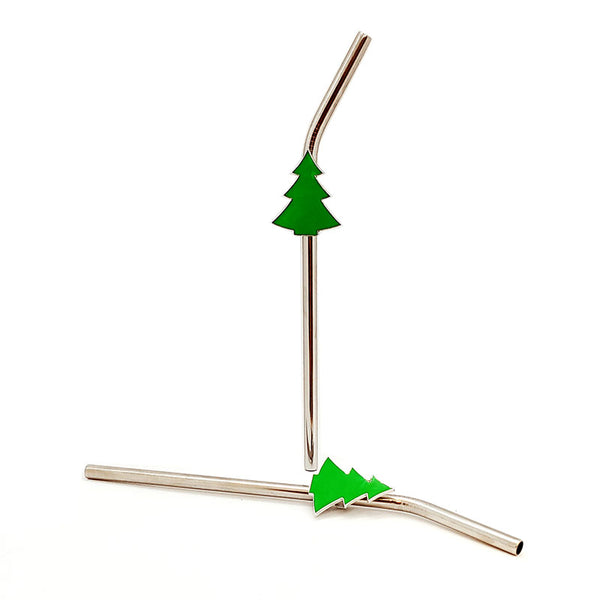 Christmas Tree Pendant Straws w/ Brush - Stainless Steel - Set of 2 