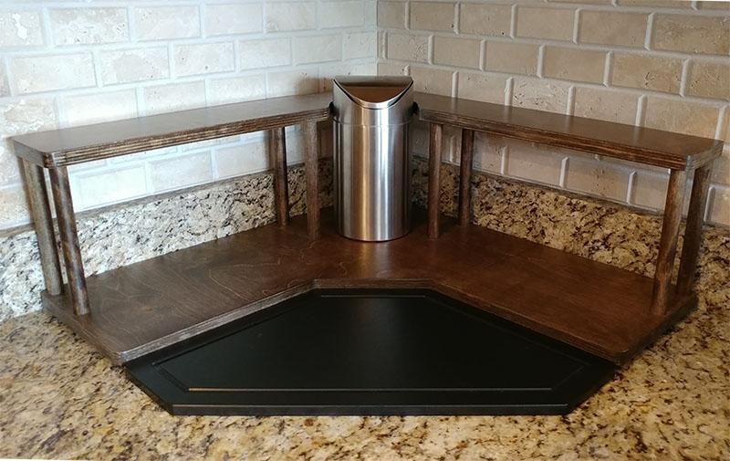 Counter Caddies™ - Stained Finish - CORNER Shelf w/ Trash Can Inset