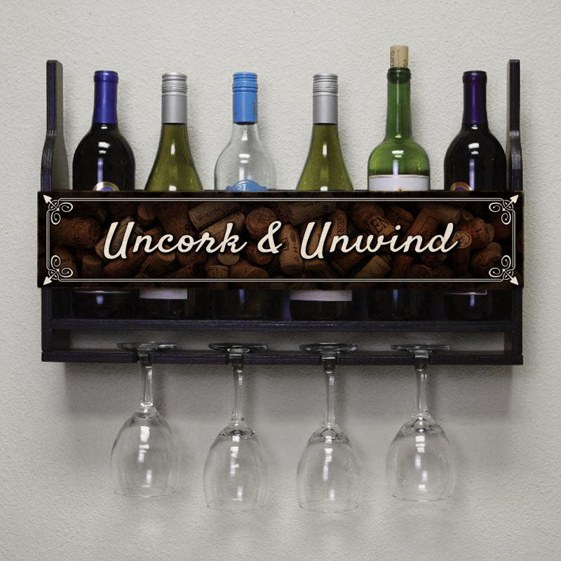 Wall Mounted Wine Bottle & Glass Hanging Shelf w/ Uncork & Unwind Plaque 6 Bottles 4 Glasses