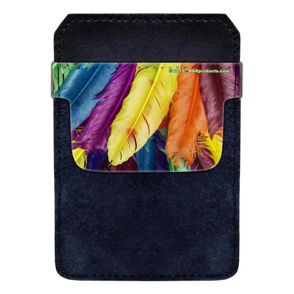 Leather Bottle Opener Pocket Protector w/ Designer Flap - Colorful Feathers