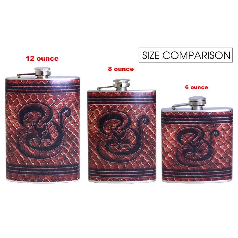 Stainless Steel Hip Flask - Leather Snake Design - Size Comparison Chart