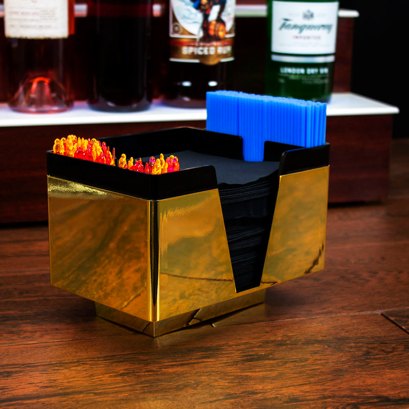 3 COMPARTMENT BAR NAPKIN CADDY - BLACK AND GOLD