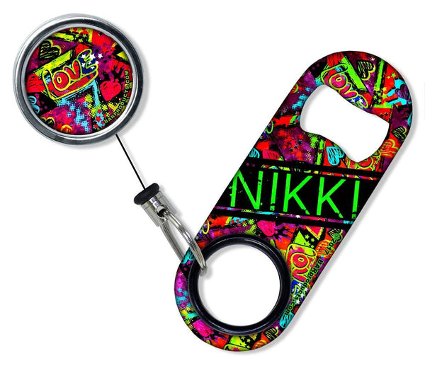CUSTOMIZABLE Mini Bottle Opener with Retractable Reel - Grungy Love