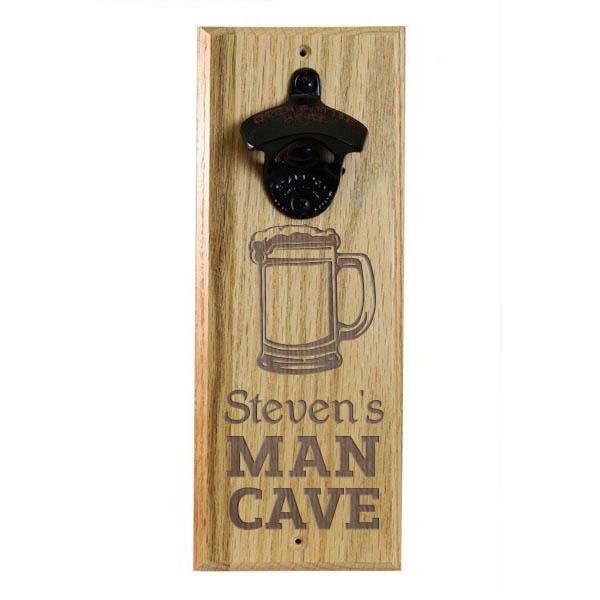 Engraved Man Cave Wooden Wall Bottle Opener w/ Magnetic Cap Catcher - Beer