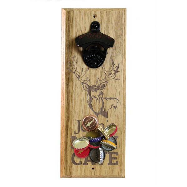 Wooden Wall Bottle Opener w/ Magnetic Cap Catcher - Engraved Man Cave