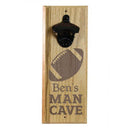 Engraved Man Cave Wooden Wall Bottle Opener w/ Magnetic Cap Catcher - football