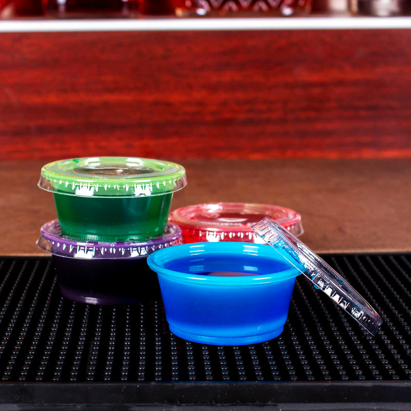 Glass Juice Shot Bottles Set w/ Colored Lids & Grip Bands, 8 Pack