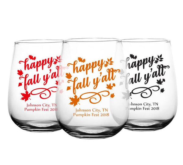 CUSTOMIZABLE - Stemless Wine Glass - 17 ounce - Happy Fall Y'all