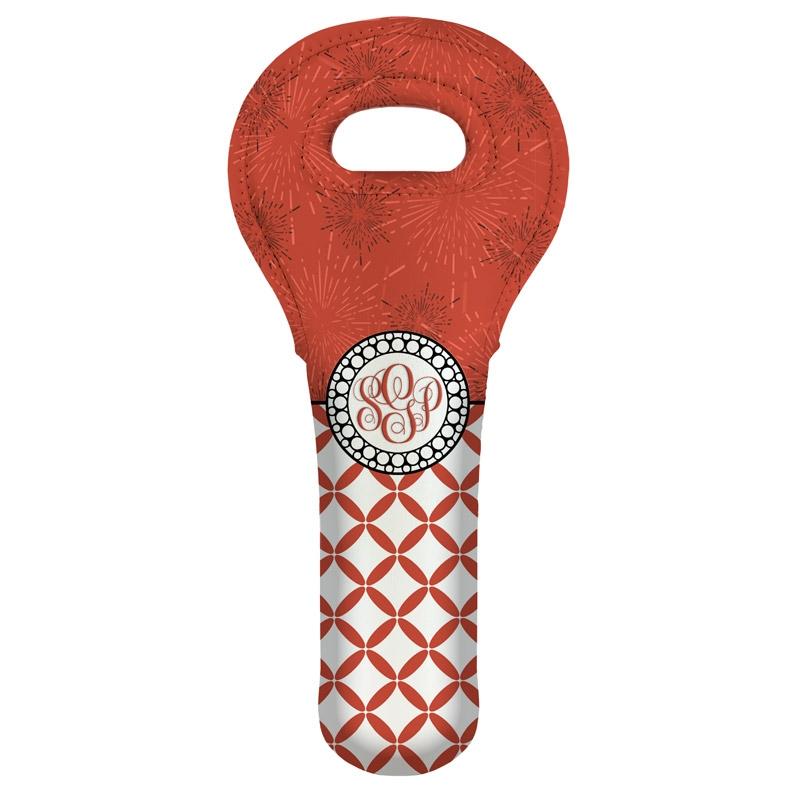 CUSTOMIZABLE Wine Tote - Monogram Design - Red Sunburst // Lattice Pattern