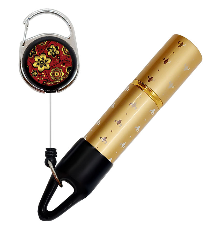 Mister Leash™ - Retractable Clip-on Atomizer for Hand Sanitizers - Red and Gold Floral Design - Refillable