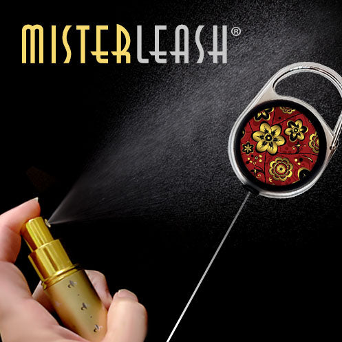 Mister Leash™ - Retractable Clip-on Atomizer for Hand Sanitizers - Red and Gold Floral Design - Refillable