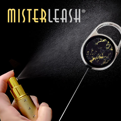 Mister Leash™ - Retractable Clip-on Atomizer for Hand Sanitizers - Golden Marble Design - Refillable