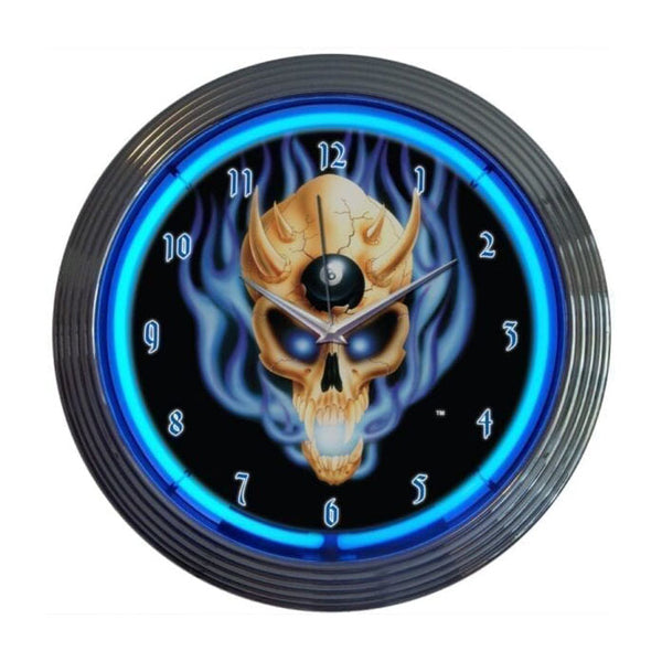 Eight Ball Skull Neon Clock - 15" Diameter