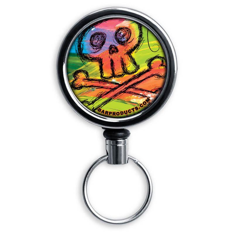 Mirrored Chrome Retractable Reel - Colorful Skull and Crossbones