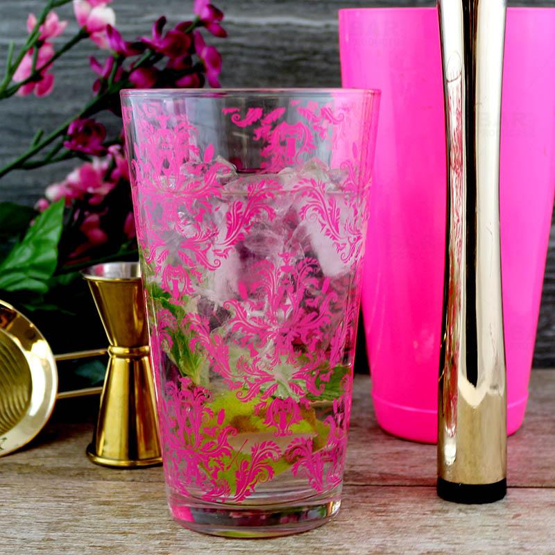 Pink Cocktail Themed Damask Mixing Glass - 16oz