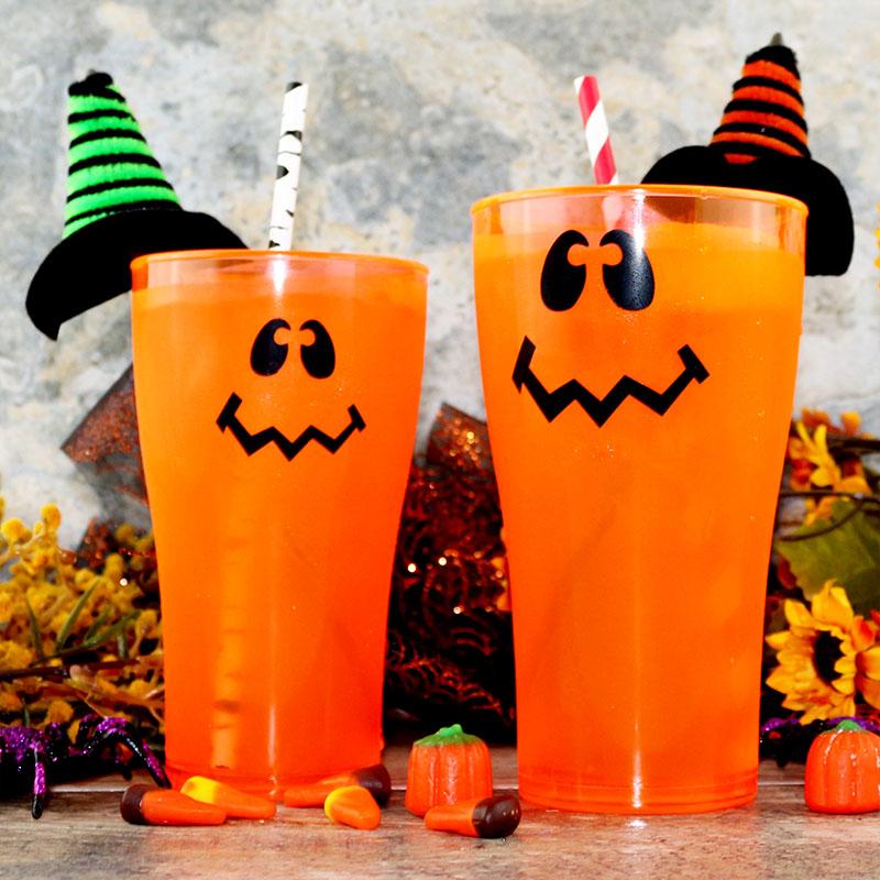 Neon Orange Polycarbonate Cup Wacky Jack O'Lantern Sizes