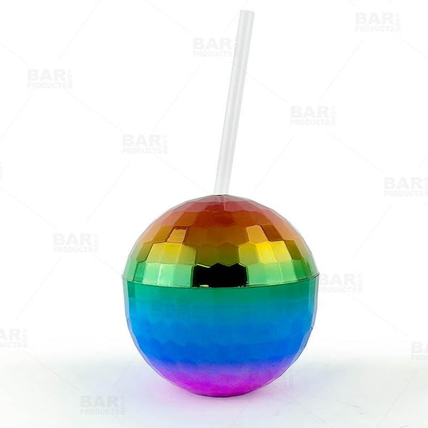 Rainbow Disco Ball  Novelty Cup - Plastic with Straw and Lid - 16 ounce