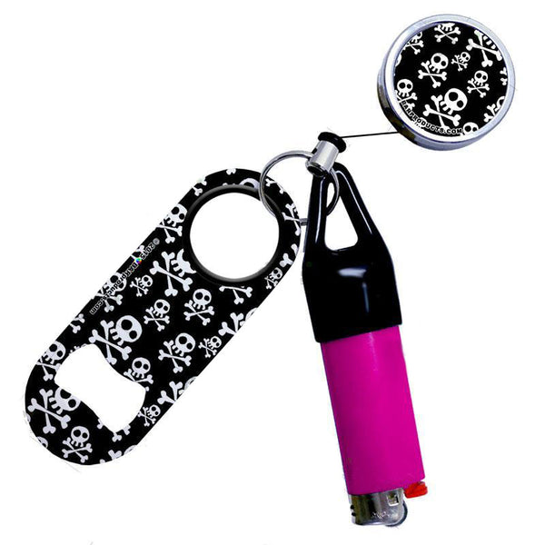 Retractable Reel, Mini Bottle Opener and Lighter Leash® Clug SET - Cute Skulls