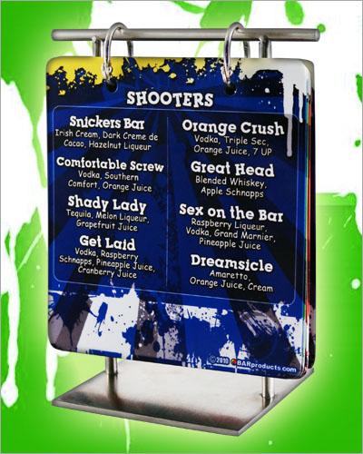 Shooter Menu. Example Flip Menus with Shooter Recipes with Flip Menu Stand – Bar Supplies
