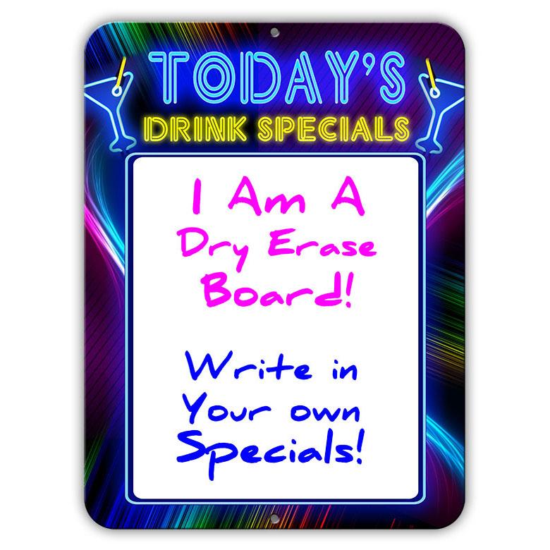 Today's Drink Specials - Dry Erase 9" x 12" Metal Bar Sign - Neon Themed