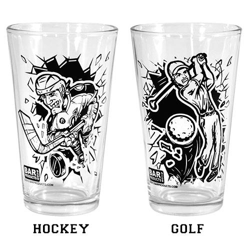 Sports themed pint glasses- hockey golf
