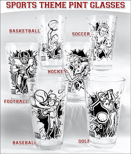 Sports themed pint glasses