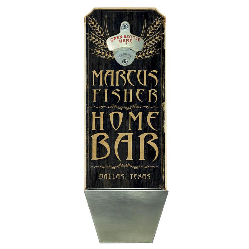 CUSTOMIZABLE Wall Mounted Wood Plaque Bottle Opener & Cap Catcher - Home Bar