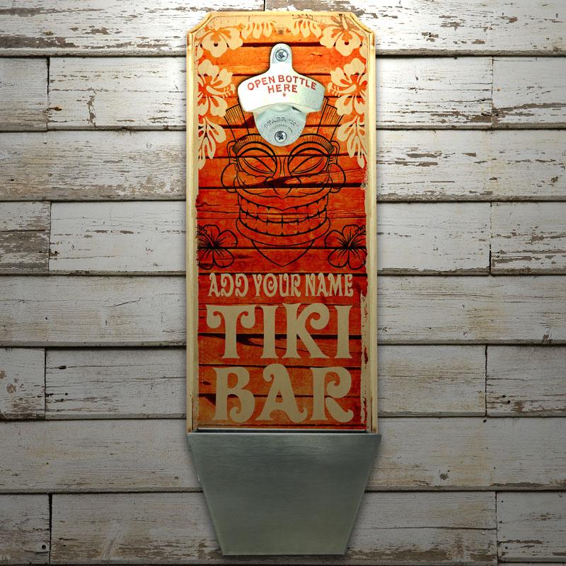 CUSTOMIZABLE Wall Mounted Wood Plaque Bottle Opener & Cap Catcher - Vintage Tiki Bar