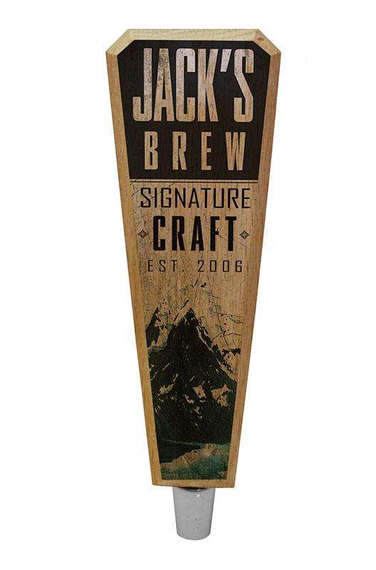 Custom Oak Wood Beer Tap Handles - Flared Shape - Mountain Brew - 8 inch