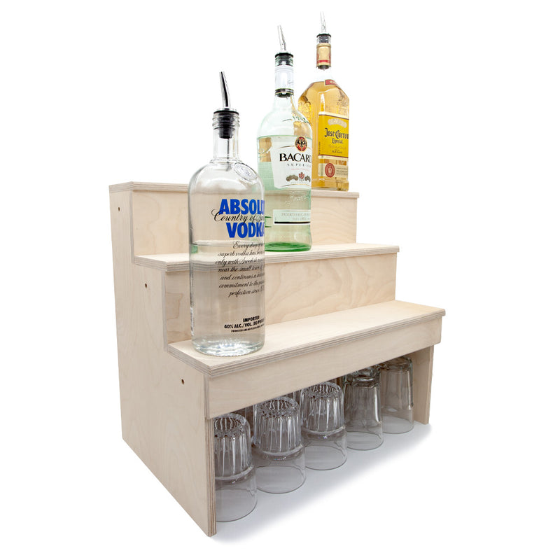 Wood Under Storage Liquor Shelves - 3 Tier - Natural - Bottles Glasses Side