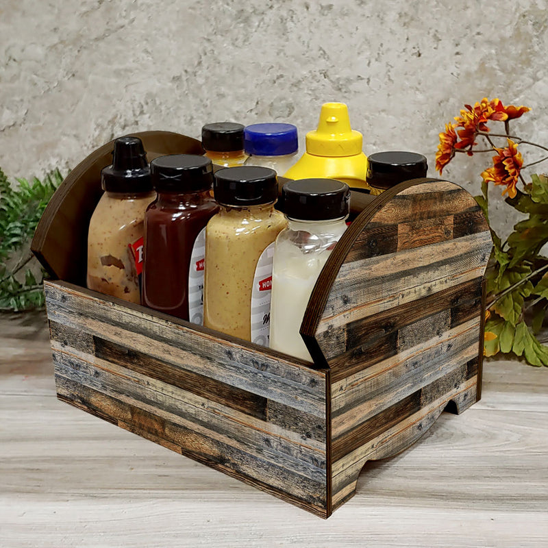 Rustic Wood Planks Wooden Condiment Caddy w/ Handle